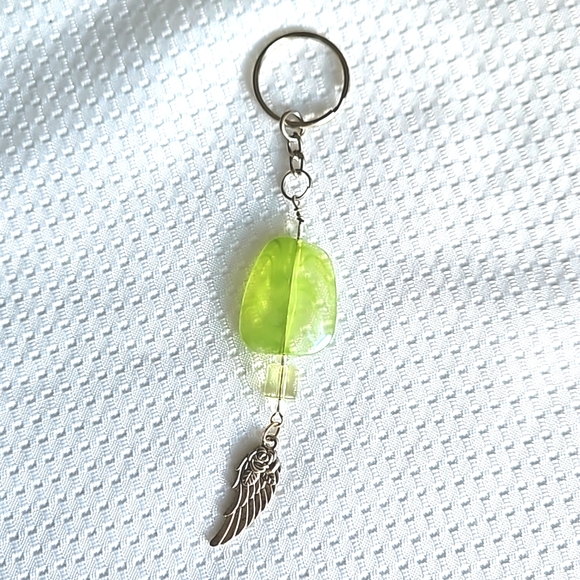 Ethereal Lime Green Beaded Angel Wing Keychain Keyring Handmade - Picture 1 of 5